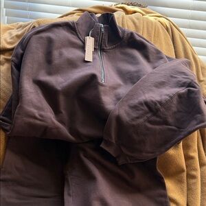 NWT Skims Brown Half-Zip Sweater and wide leg straight pants